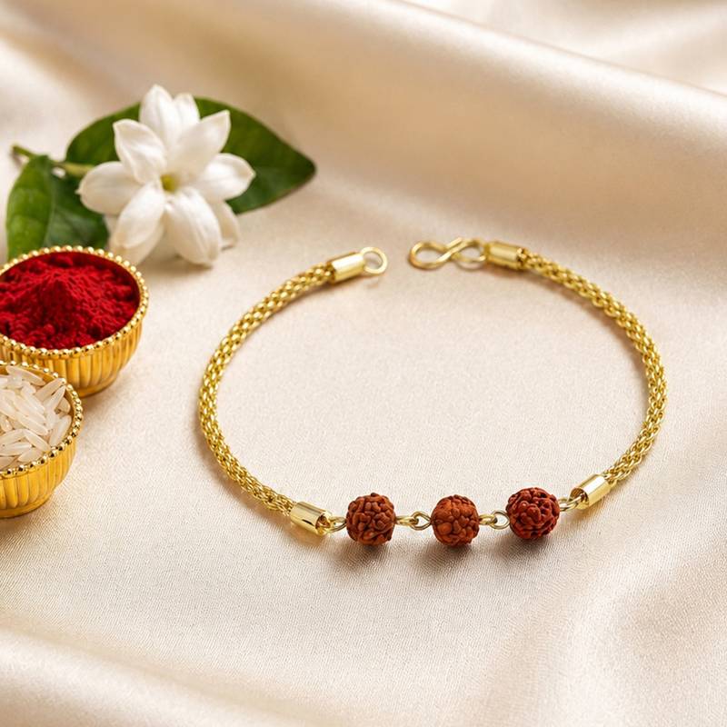 Divine rudraksha bead rakhi with gold-tone chain