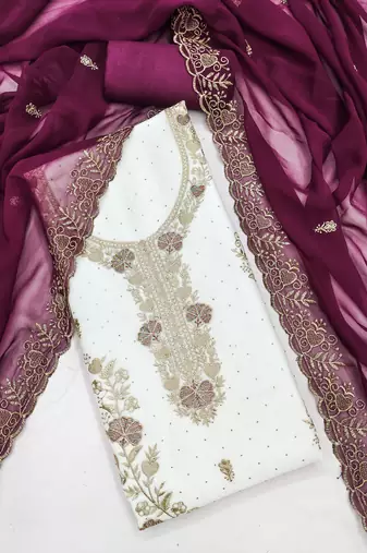 white embroidered georgette unstitched dress material 