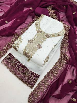 white embroidered georgette unstitched dress material  4