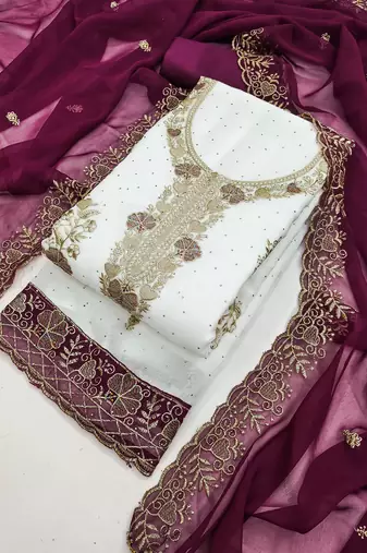 white embroidered georgette unstitched dress material 