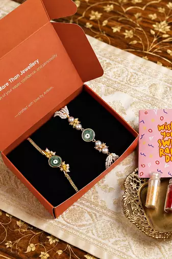 Mint evil eye pearl bhaiya bhabhi rakhi set