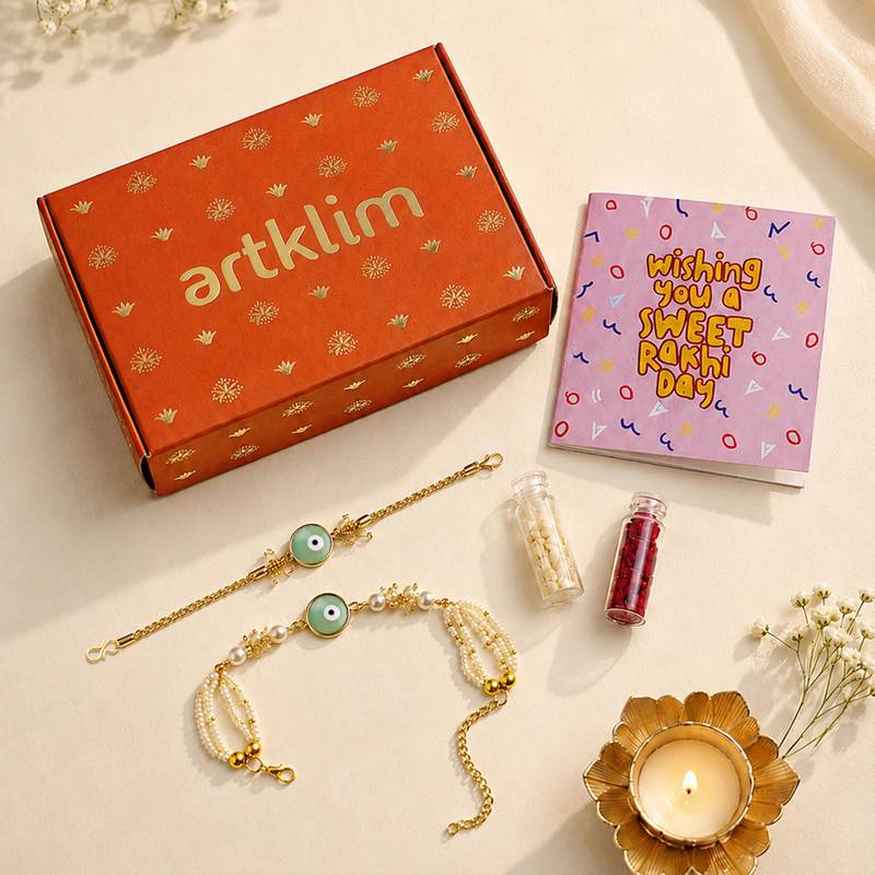 Mint evil eye pearl bhaiya bhabhi rakhi set