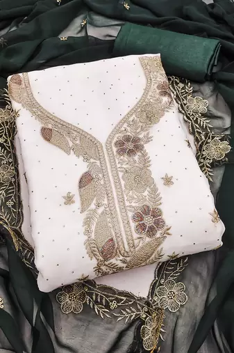 white embroidered georgette unstitched dress material 