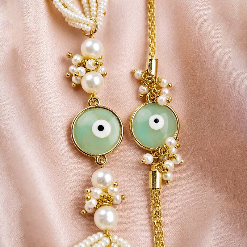Mint evil eye pearl bhaiya bhabhi rakhi set