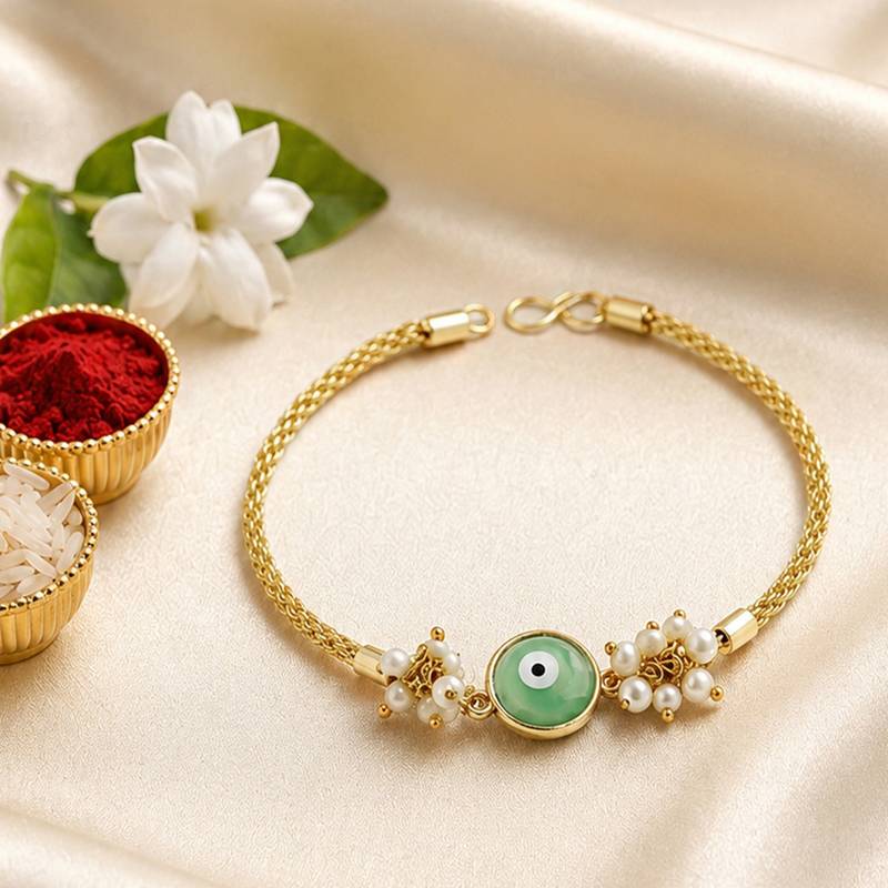 Mint evil eye pearl bhaiya bhabhi rakhi set