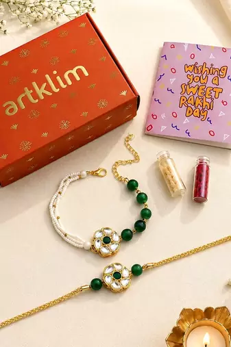 Green kundan floral bhaiya bhabhi rakhi set