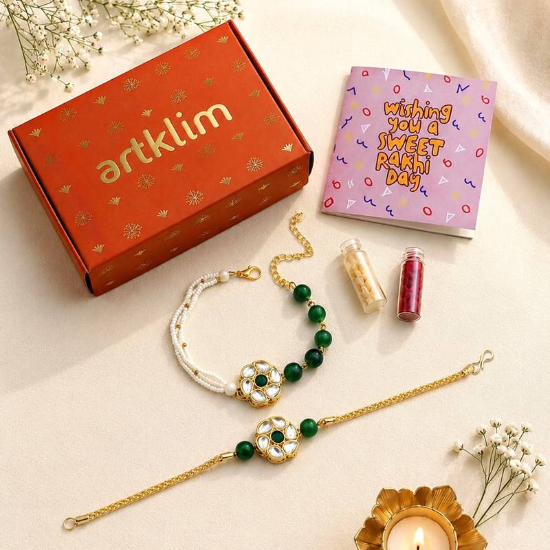 Green kundan floral bhaiya bhabhi rakhi set