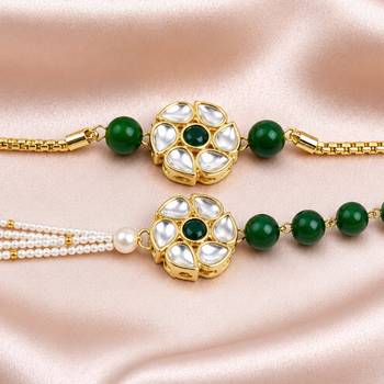 Green kundan floral bhaiya bhabhi rakhi set 3