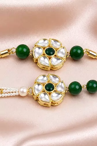 Green kundan floral bhaiya bhabhi rakhi set