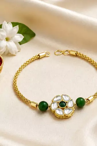 Green kundan floral bhaiya bhabhi rakhi set