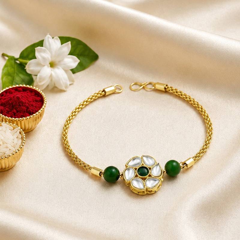 Green kundan floral bhaiya bhabhi rakhi set