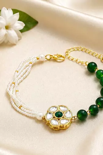 Green kundan floral bhaiya bhabhi rakhi set