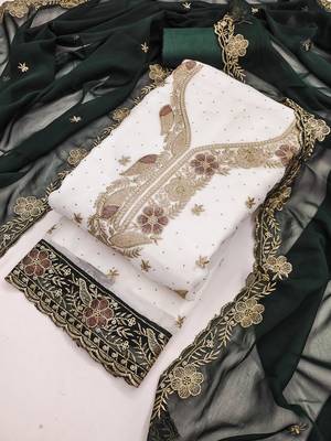 white embroidered georgette unstitched dress material  4