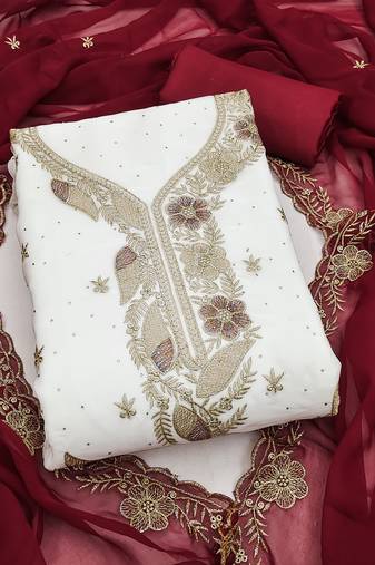 white embroidered georgette unstitched dress material 