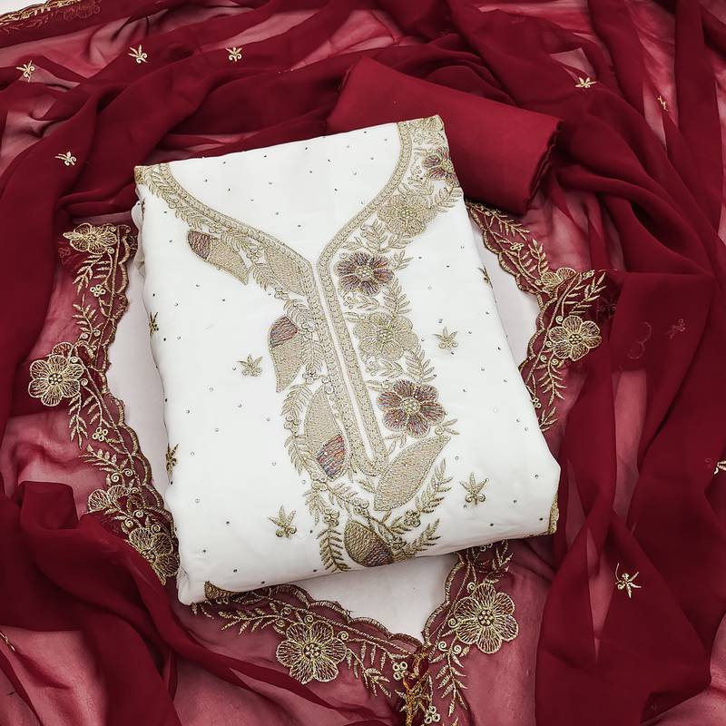 white embroidered georgette unstitched dress material 