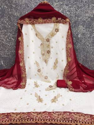 white embroidered georgette unstitched dress material  2