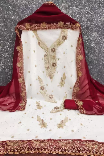 white embroidered georgette unstitched dress material 