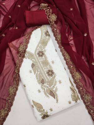 white embroidered georgette unstitched dress material  3