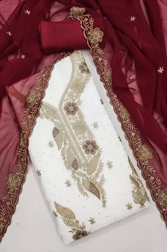 white embroidered georgette unstitched dress material 