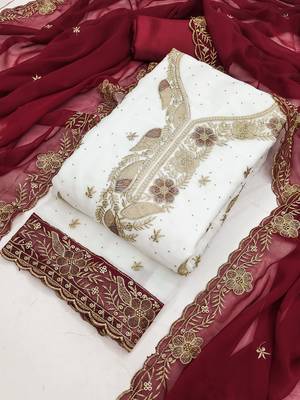 white embroidered georgette unstitched dress material  4