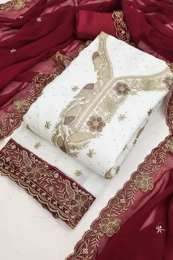 white embroidered georgette unstitched dress material 