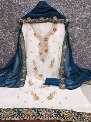 white embroidered georgette unstitched dress material  2