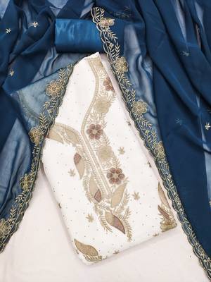 white embroidered georgette unstitched dress material  3