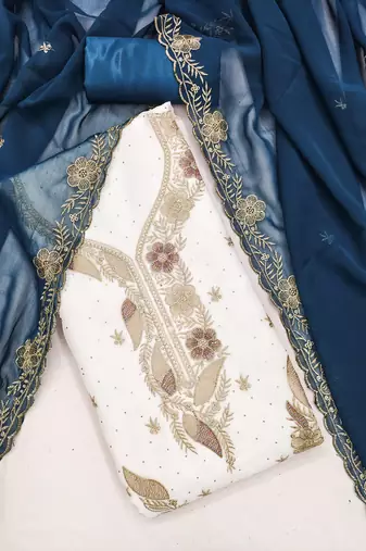 white embroidered georgette unstitched dress material 