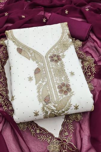 white embroidered georgette unstitched dress material 