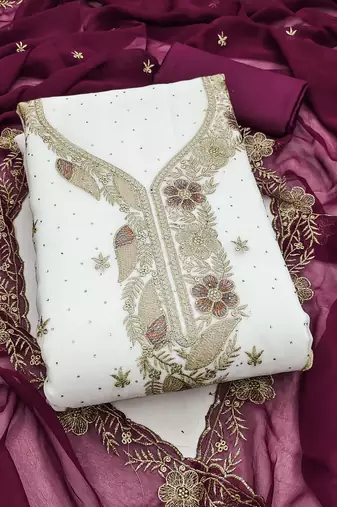 white embroidered georgette unstitched dress material 