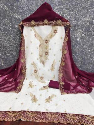 white embroidered georgette unstitched dress material  2