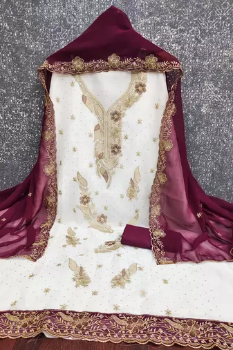 white embroidered georgette unstitched dress material 