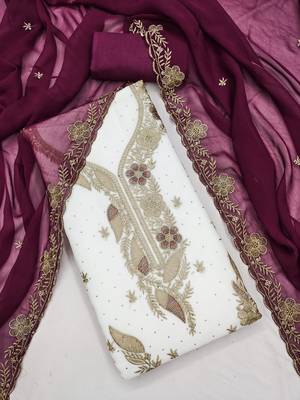white embroidered georgette unstitched dress material  3