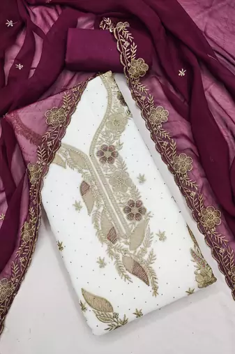 white embroidered georgette unstitched dress material 