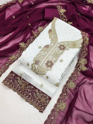 white embroidered georgette unstitched dress material  4