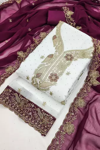 white embroidered georgette unstitched dress material 