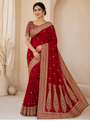 Red Color Sequance and Dori Embroidery Work lace border Vichitra Silk Blend Saree 1