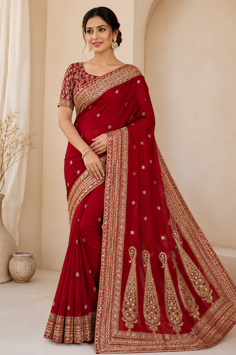 Red Sequance and Dori Embroidery Work lace Vichitra Silk Blend Saree