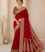 Red Color Sequance and Dori Embroidery Work lace border Vichitra Silk Blend Saree