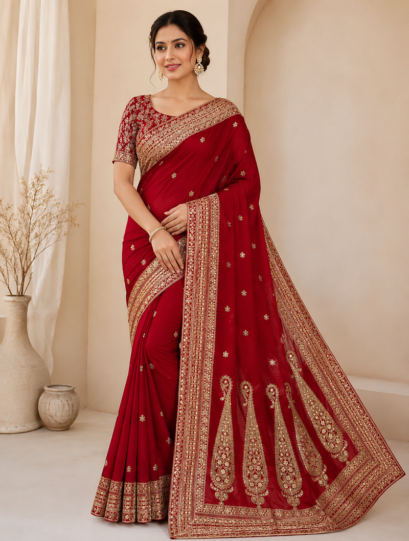 Red Color Sequance and Dori Embroidery Work lace border Vichitra Silk Blend Saree