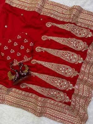 Red Color Sequance and Dori Embroidery Work lace border Vichitra Silk Blend Saree 2