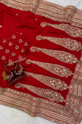 Red Color Sequance and Dori Embroidery Work lace border Vichitra Silk Blend Saree