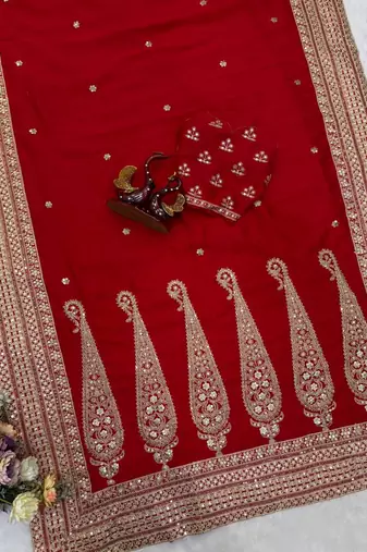Red Color Sequance and Dori Embroidery Work lace border Vichitra Silk Blend Saree
