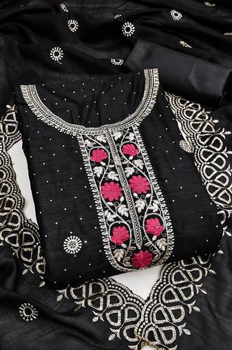 black embroidered vichitra cotton unstitched dress material 