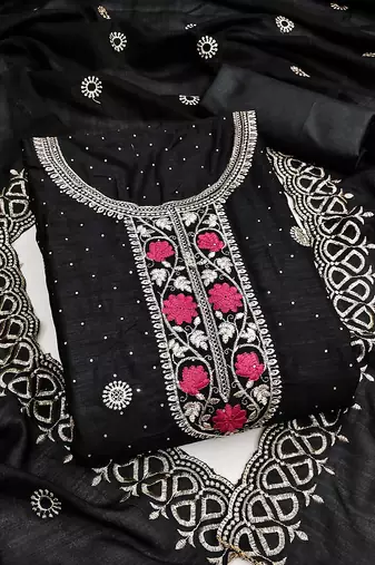 black embroidered vichitra cotton unstitched dress material 