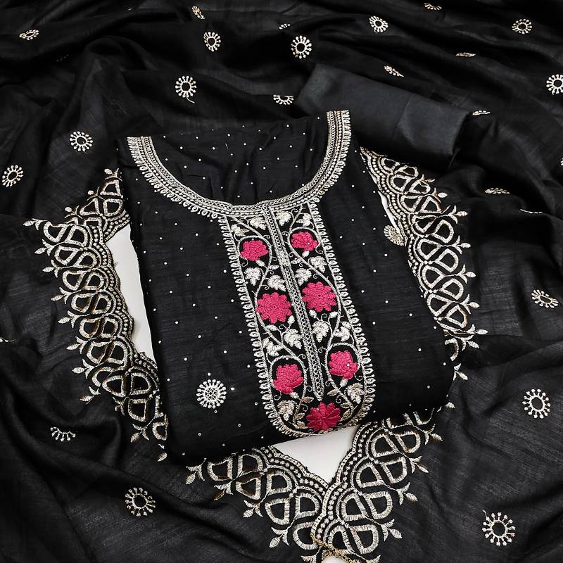 black embroidered vichitra cotton unstitched dress material 