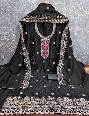 black embroidered vichitra cotton unstitched dress material  2