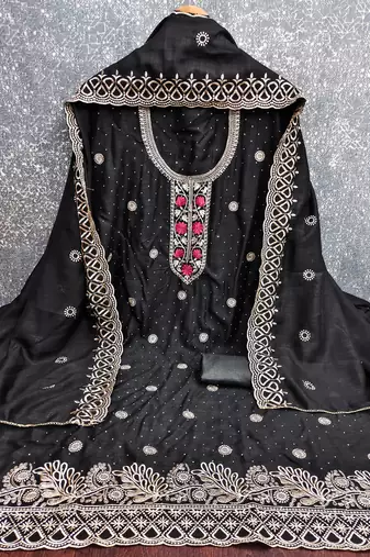 black embroidered vichitra cotton unstitched dress material 