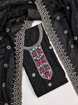 black embroidered vichitra cotton unstitched dress material  3