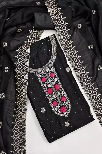 black embroidered vichitra cotton unstitched dress material 